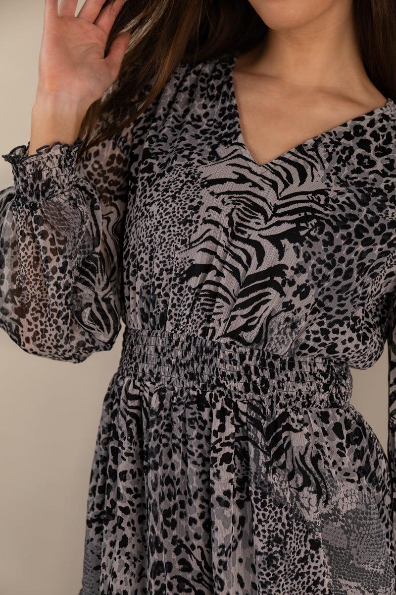Born Ria Life Grey Animal Print Mini Dress