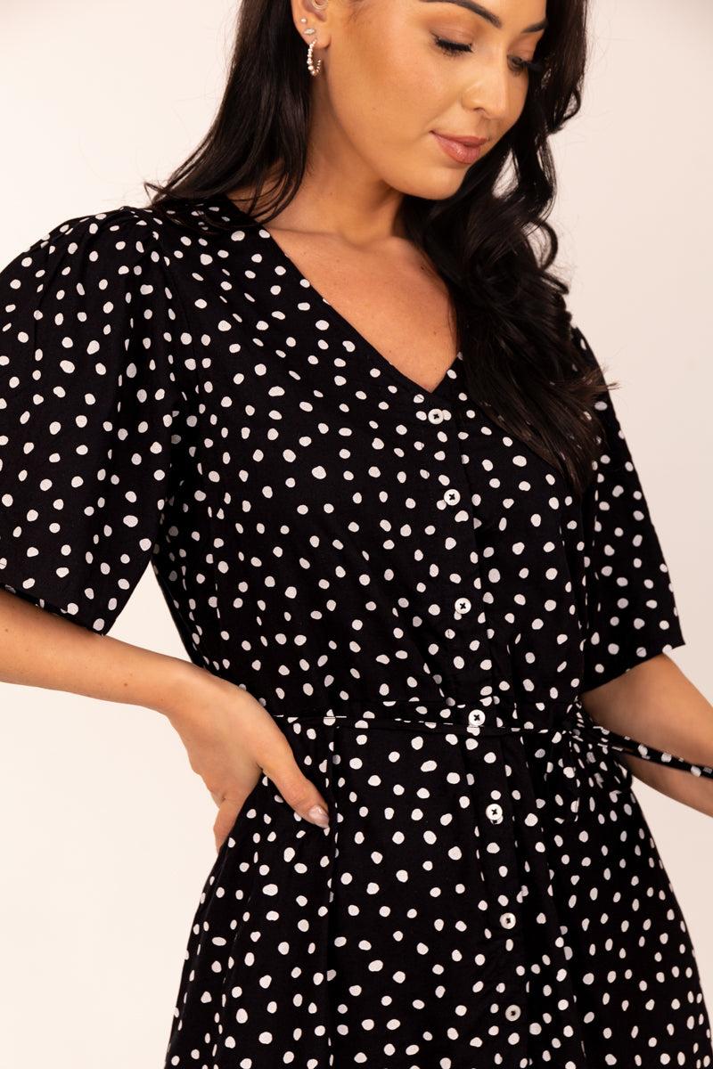 Born Rila Black Polka Dot Mini Dress