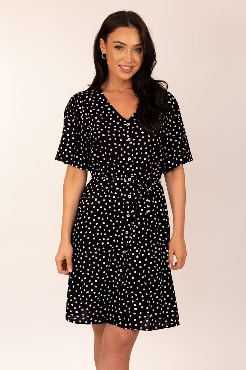 born Rila Black Polka Dot Mini Dress