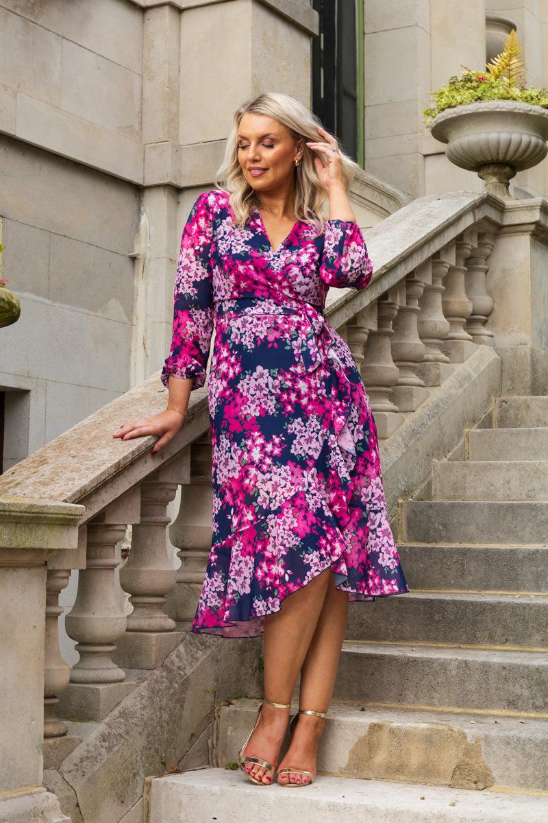 Born Ruby Navy & Pink Floral Chiffon Dress
