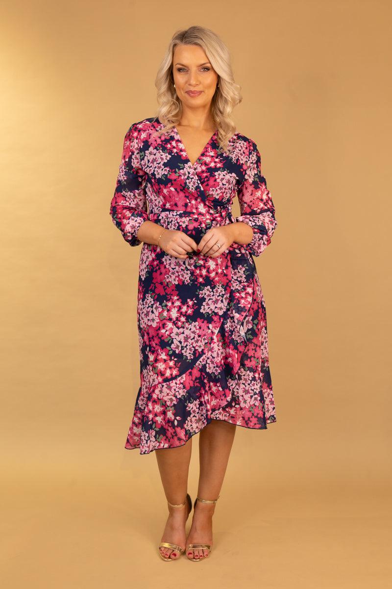 Born Ruby Navy & Pink Floral Chiffon Dress