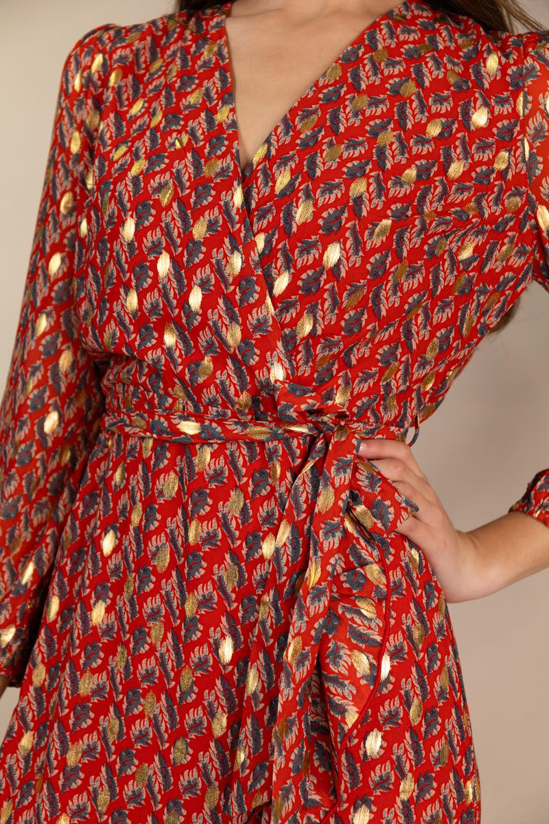 Born Ruby Red & Gold Print Chiffon Dress