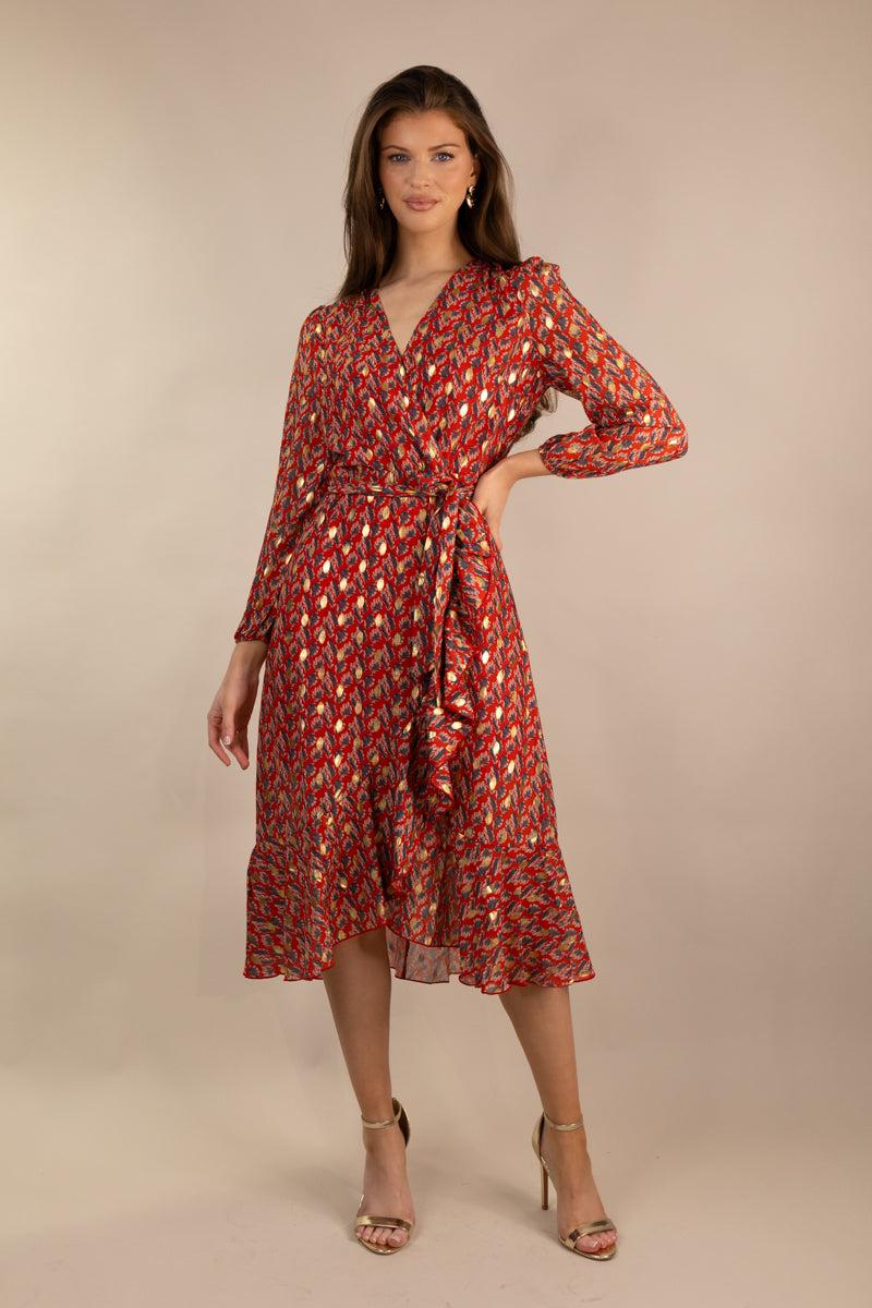 Born Ruby Red & Gold Print Chiffon Dress