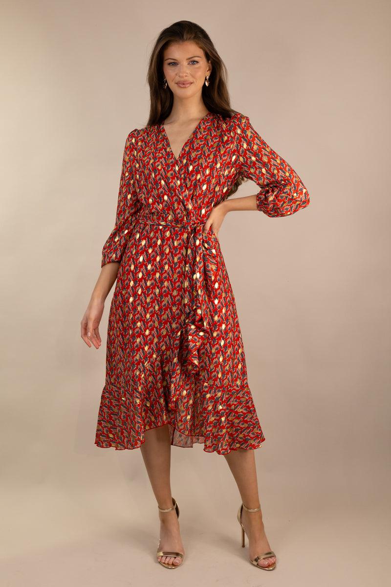 born Ruby Red & Gold Print Chiffon Dress