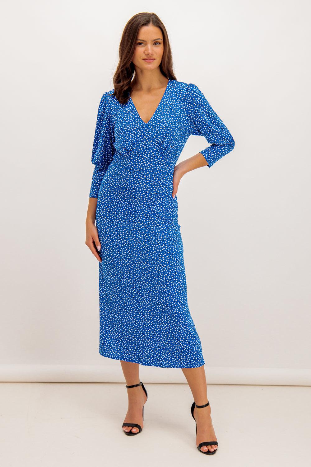 Born Sallie Blue Floral V-Neck Midi Dress
