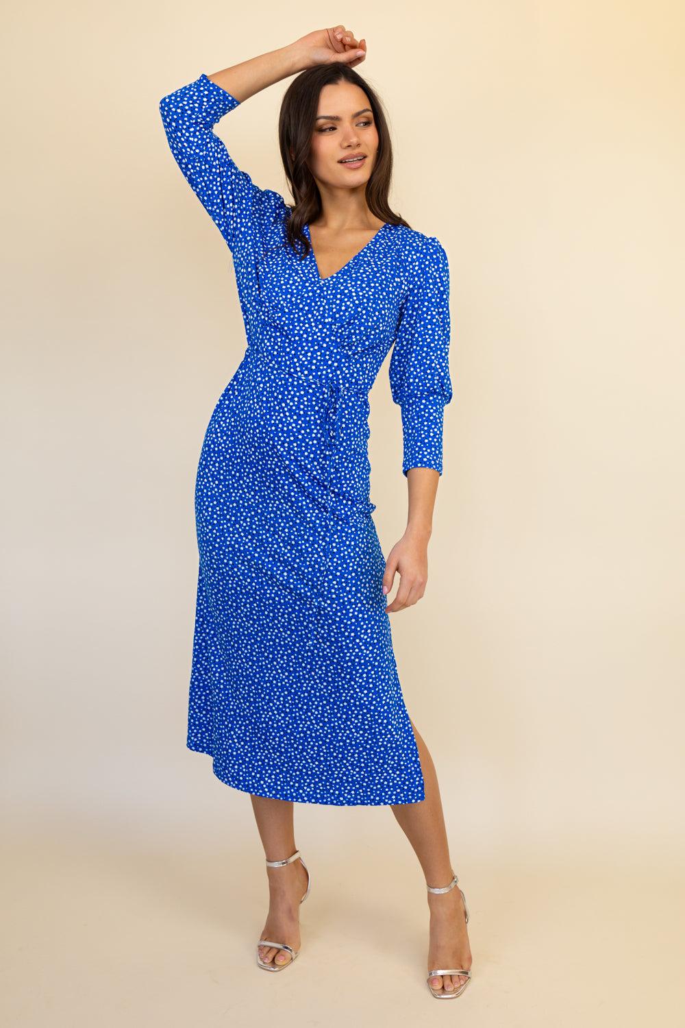 born Sallie Blue Floral V-Neck Midi Dress