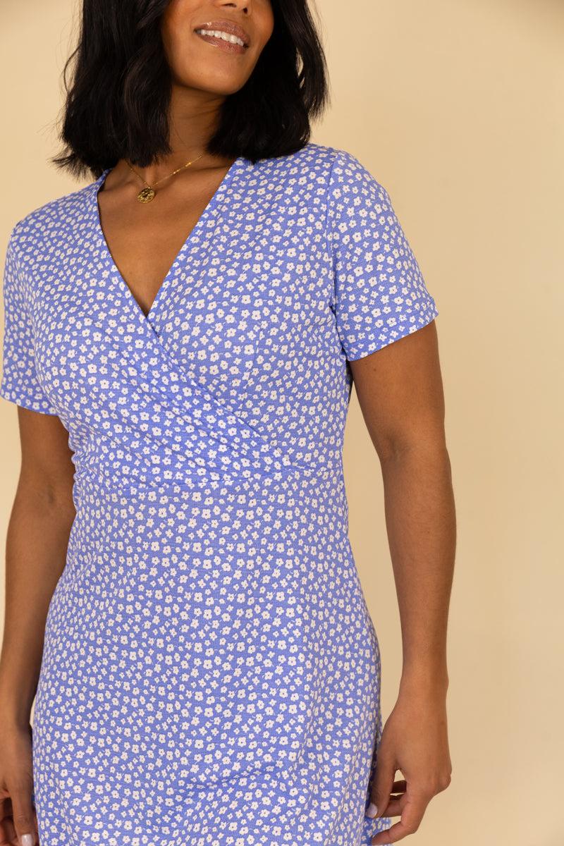 Born Sienna Floral Short Sleeve Blue Dress