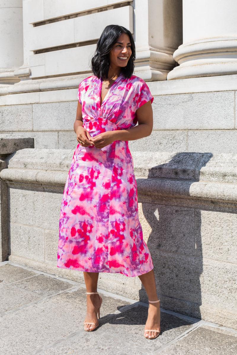born Talia Pink Marble Print Midi Dress