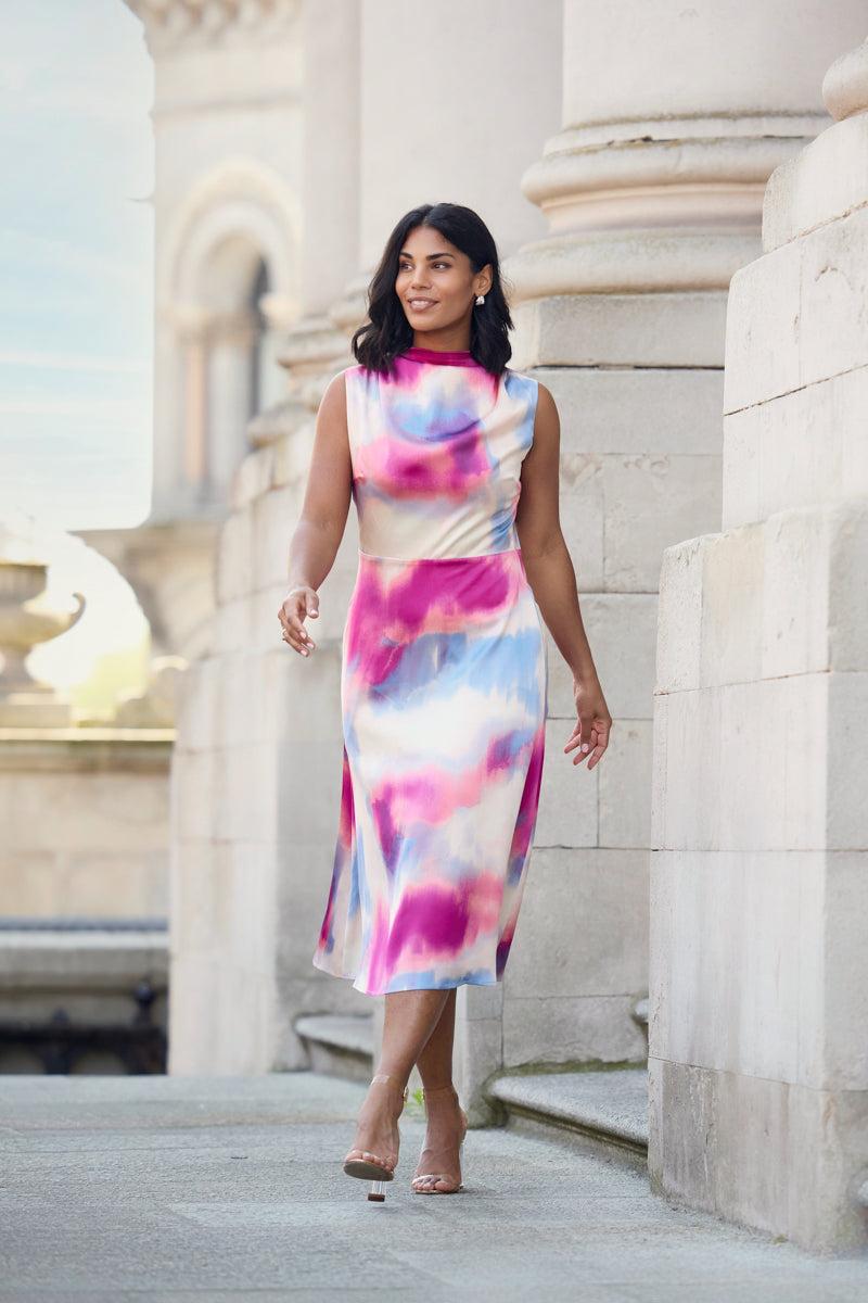 born Thea Pink & Blue Print Midi Dress