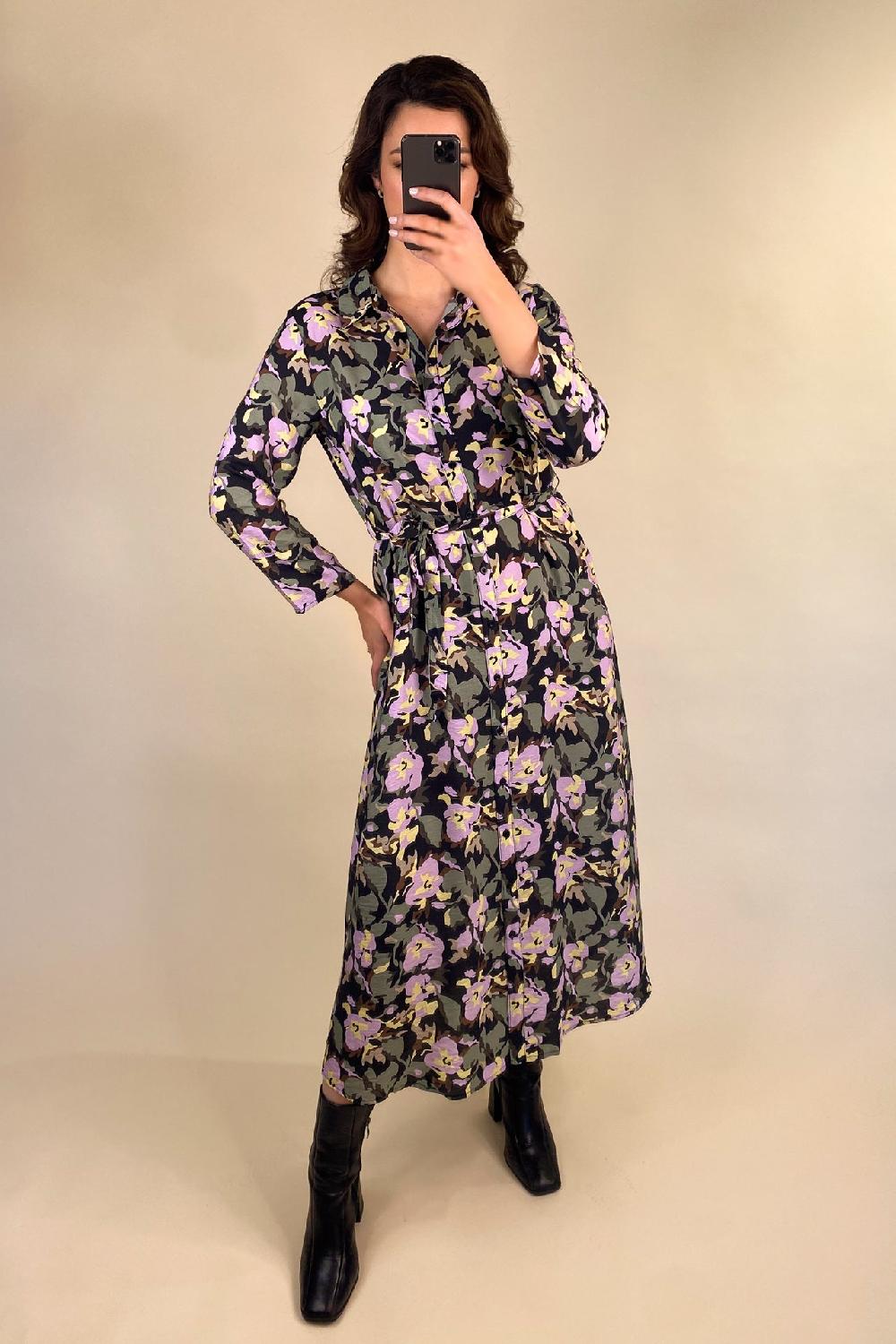 born Troya Black & Green Multi Print Shirt Dress