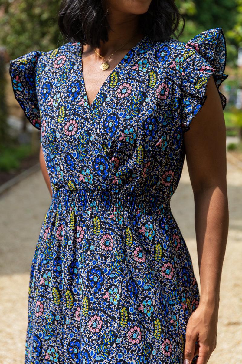 Born Tyra Navy & Blue Floral Print Midi Dress