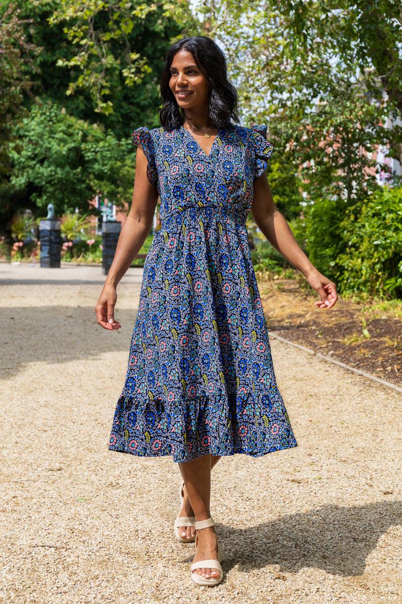 born Tyra Navy & Blue Floral Print Midi Dress
