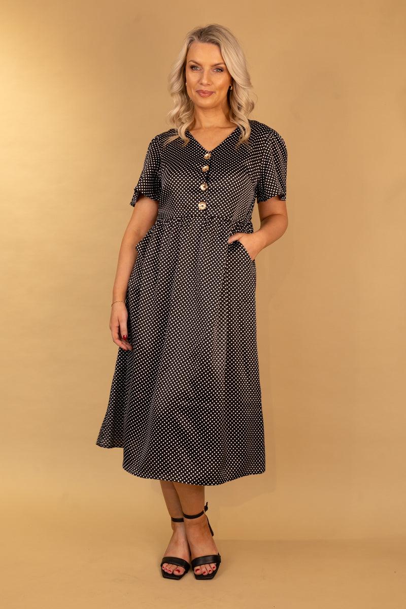Born Marie Black & White Polka Dot Sateen Button Dress