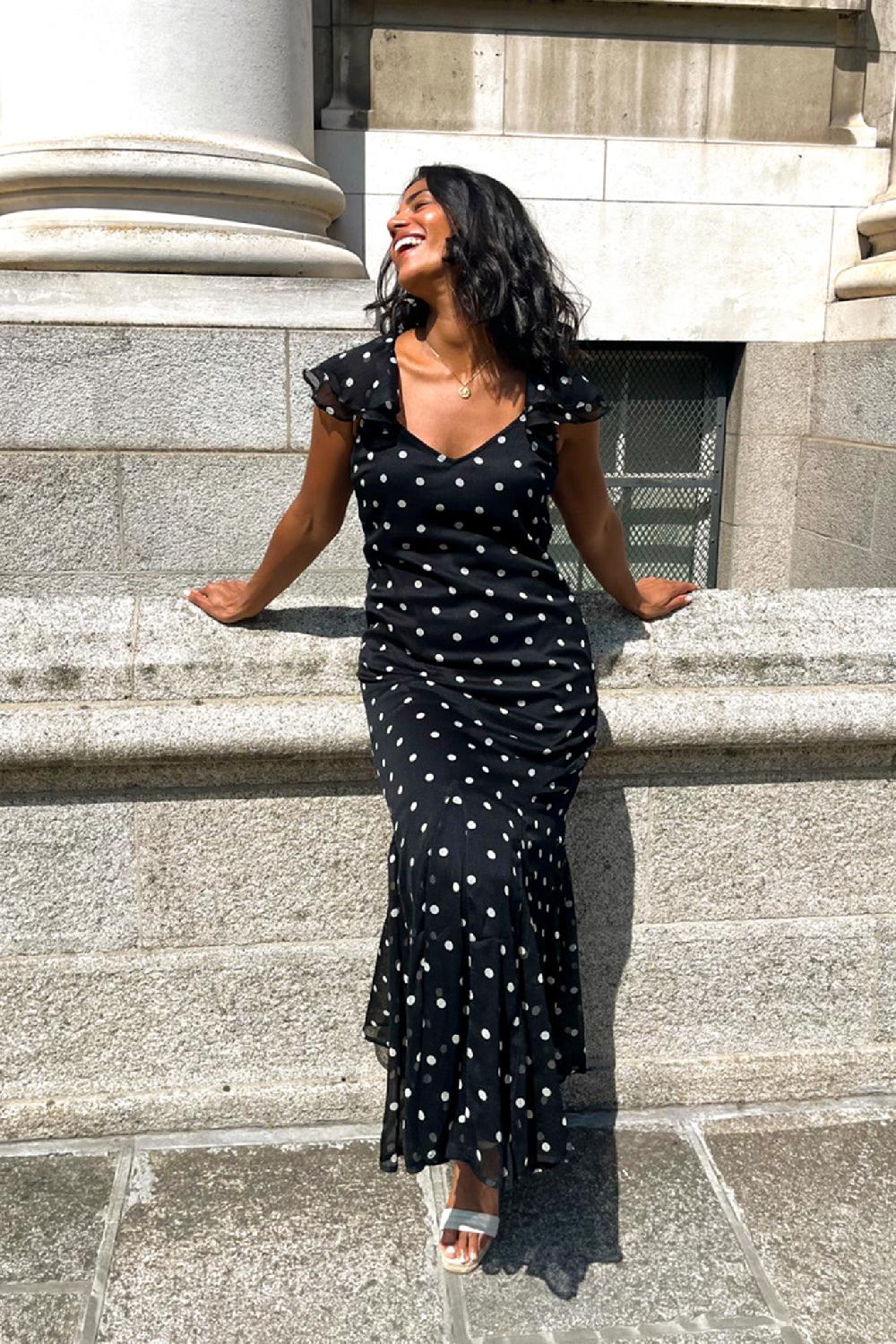 Born Smilla Black & White Polka Dot Chiffon Maxi Dress