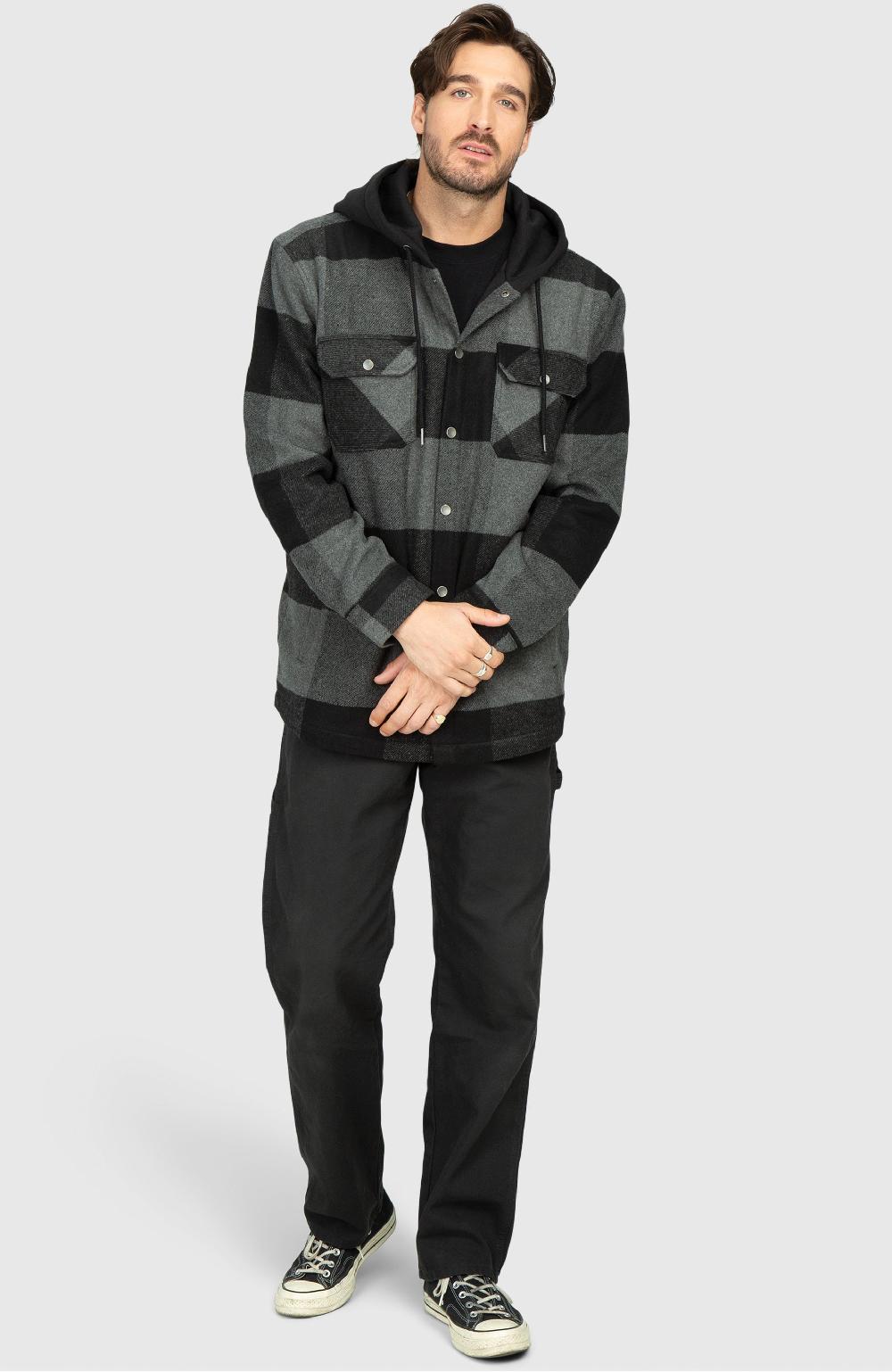 Boston Traders Black Steel Fleece Lined Hooded Plaid Shacket