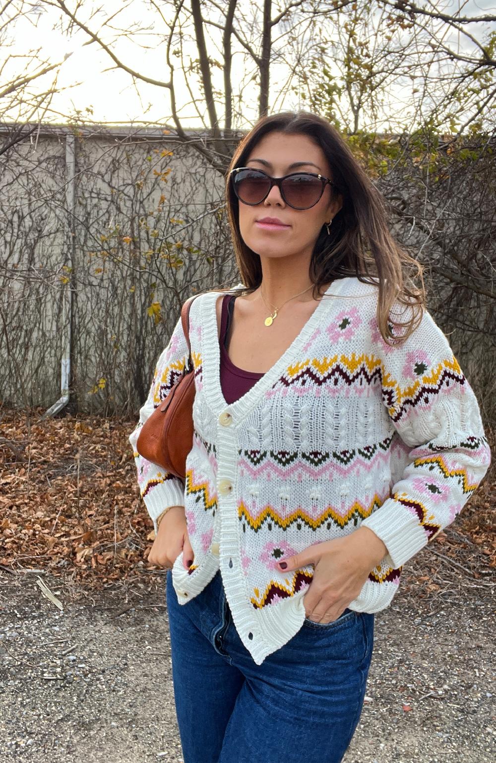 Boston Traders Blossom Cream Jacquard Cardigan Sweater