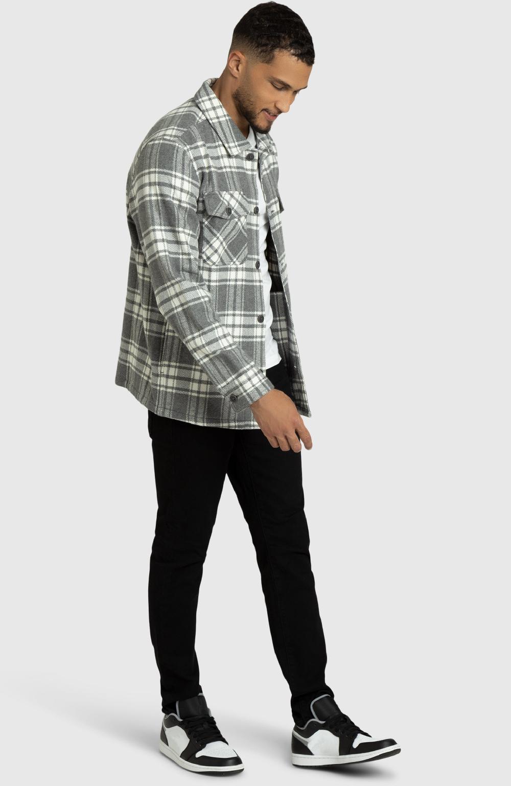 Boston Traders Grey And Ivory Herringbone Plaid Overshirt