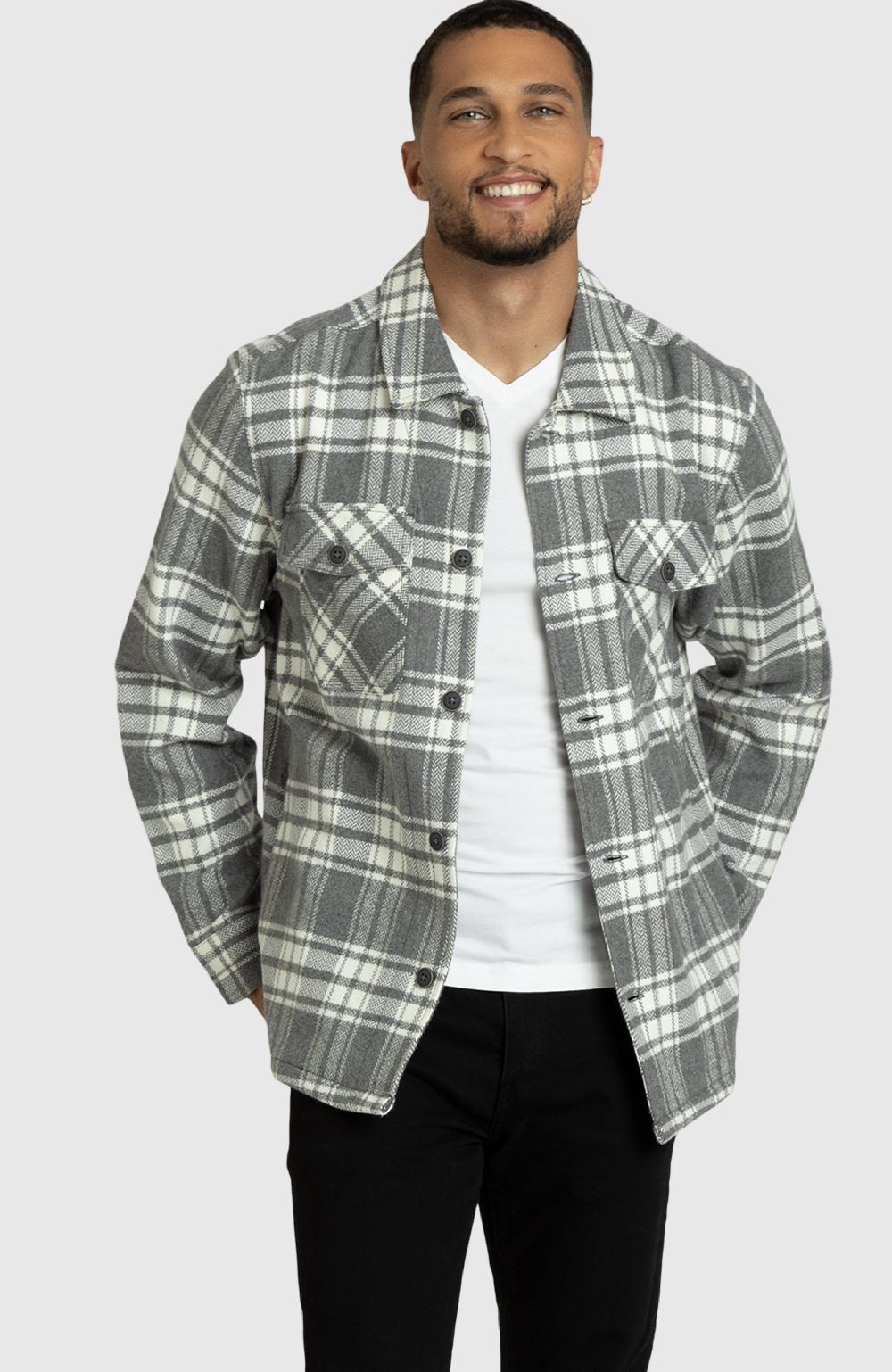 boston traders Grey and Ivory Herringbone Plaid Overshirt