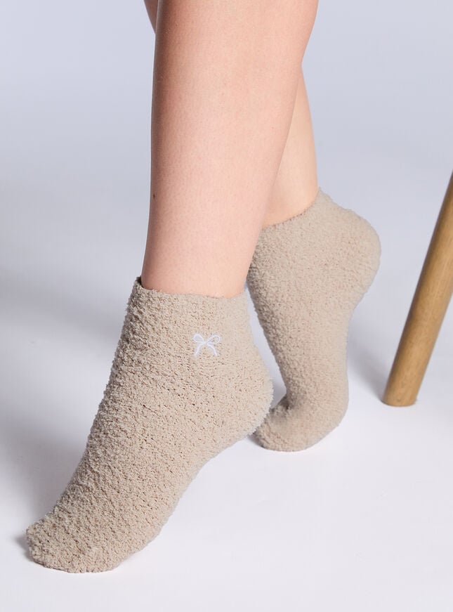 Boux Avenue 2 Pack Bear & Bow Fluffy Trainer Socks - Neutral Mix