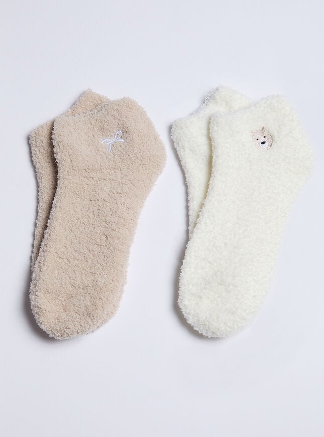 boux avenue 2 pack bear & bow fluffy trainer socks - Neutral Mix