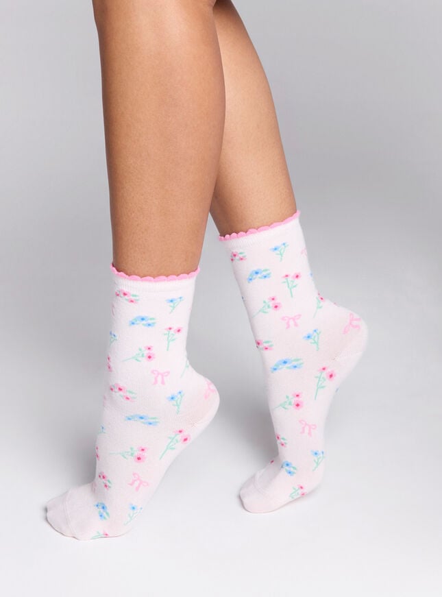Boux Avenue 2 Pack Floral & Bow Cotton Ankle Socks - Pink Mix