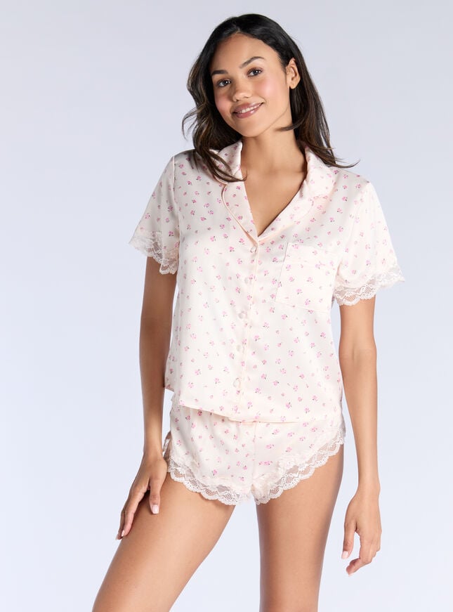 boux avenue Amelia satin floral short pyjama set - Ivory Mix