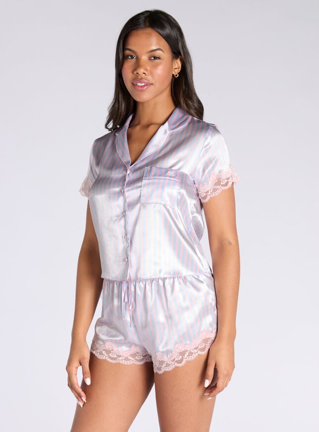 Boux Avenue Amelia Stripe Satin Short Pyjama Set - Blue Mix
