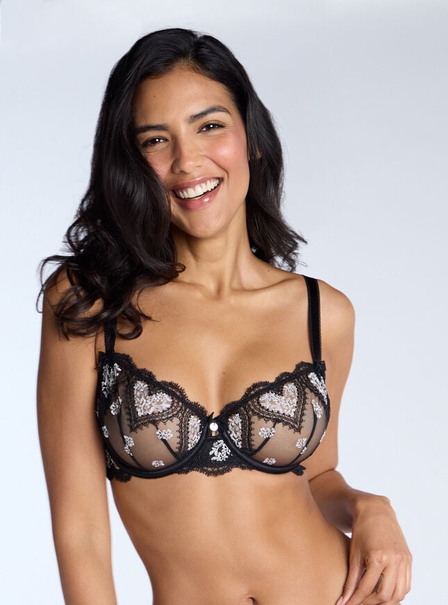 Boux Avenue Amore Sheer Embroidered Balconette Bra - Black & White
