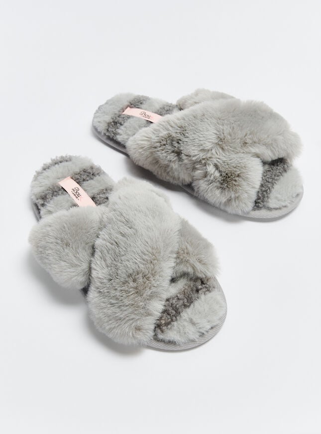 Boux Avenue Borg Stripe Cross Band Slider Slippers - Grey Mix