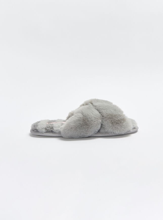 Boux Avenue Borg Stripe Cross Band Slider Slippers - Grey Mix
