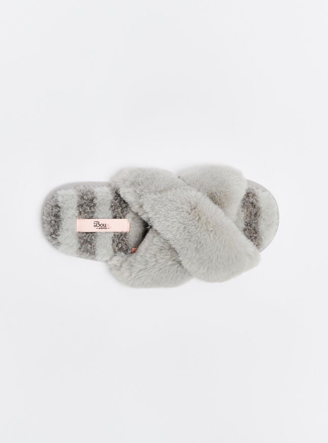 Boux Avenue Borg Stripe Cross Band Slider Slippers - Grey Mix