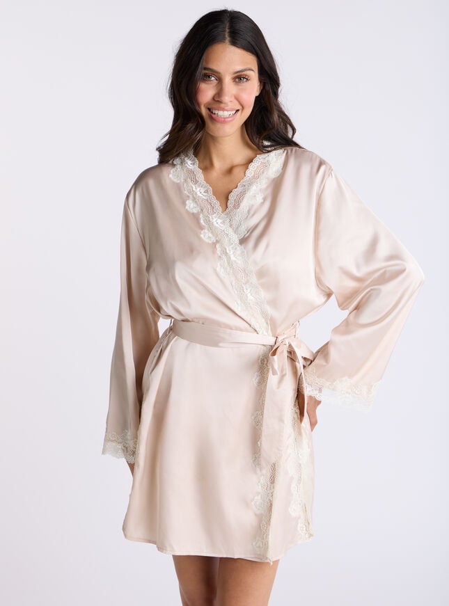 boux avenue Etta satin & lace short robe - Oyster