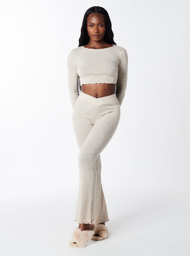 Boux Avenue Leila Ribbed Lace Up Back Top - Stone