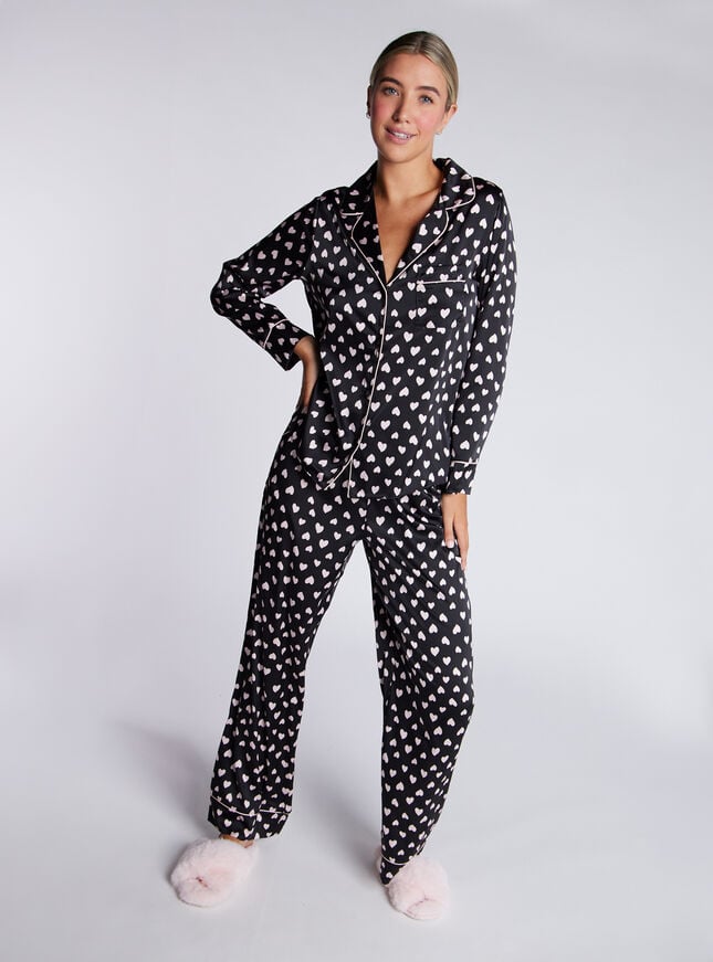 Boux Avenue Luxe Satin Heart Pyjama Set - Black Mix