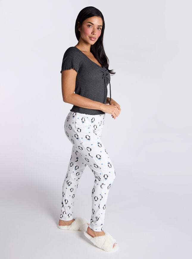 Boux Avenue Penguin Ribbed Pyjama Set - Charcoal
