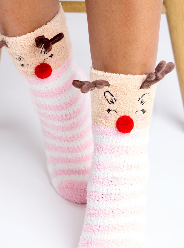 boux avenue Reindeer fluffy ankle socks - Pink Mix