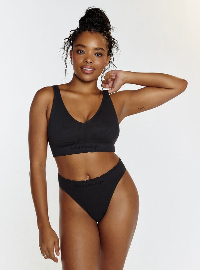 Boux Avenue Ribbed Seamless Scallop Thong - Black