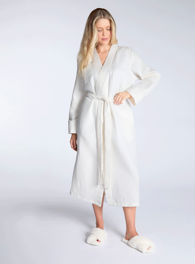 Boux Avenue Waffle Cotton Long Robe - White