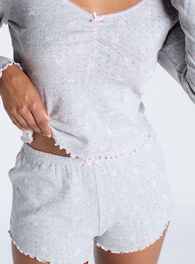 Boux Avenue Bow Pointelle Cotton Short Pyjama Set - Grey Marl Mix