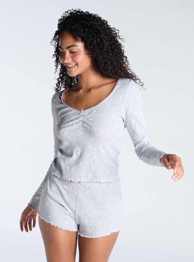boux avenue Bow pointelle cotton short pyjama set - Grey Marl Mix