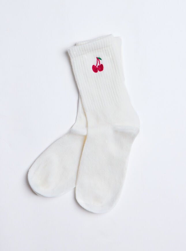 Boux Avenue Cherry Embroidered Cotton Ankle Socks - Ivory Mix