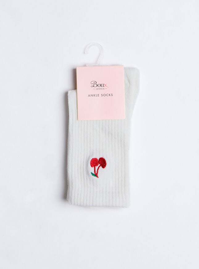 Boux Avenue Cherry Embroidered Cotton Ankle Socks - Ivory Mix