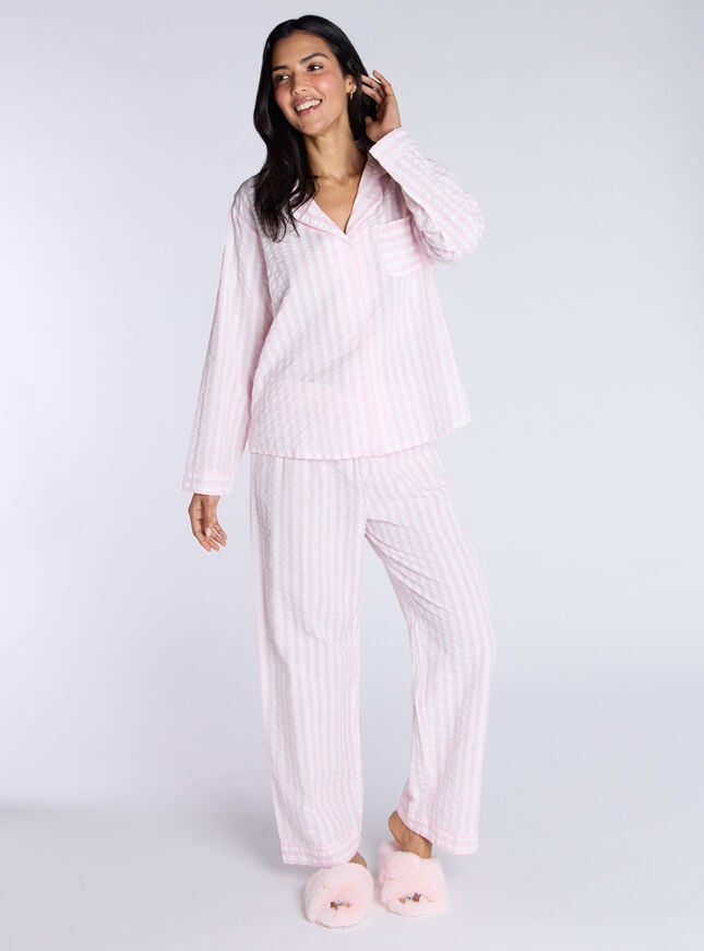 Boux Avenue Crinkle Stripe Cotton Pyjama Set - Powder Pink
