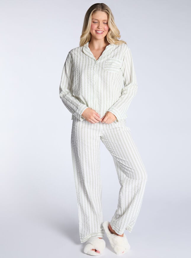 Boux Avenue Crinkle Stripe Cotton Pyjama Set - Sea Green