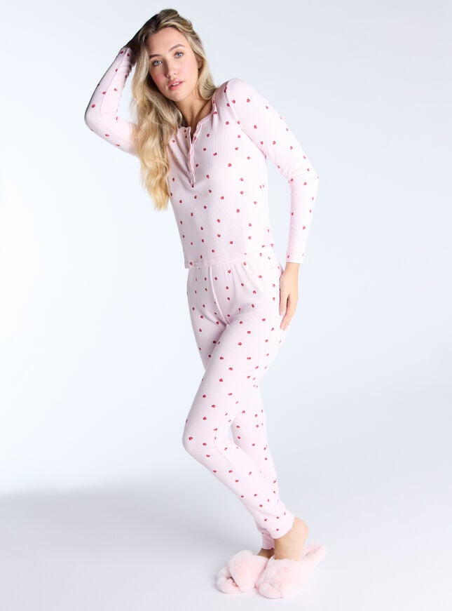Boux Avenue Ditsy Strawberry Ribbed Pyjama Set - Pink Mix