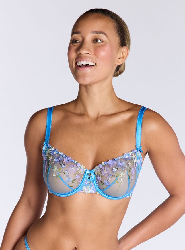 Boux Avenue Fleur Sheer Embroidered Balconette Bra - Blue Mix