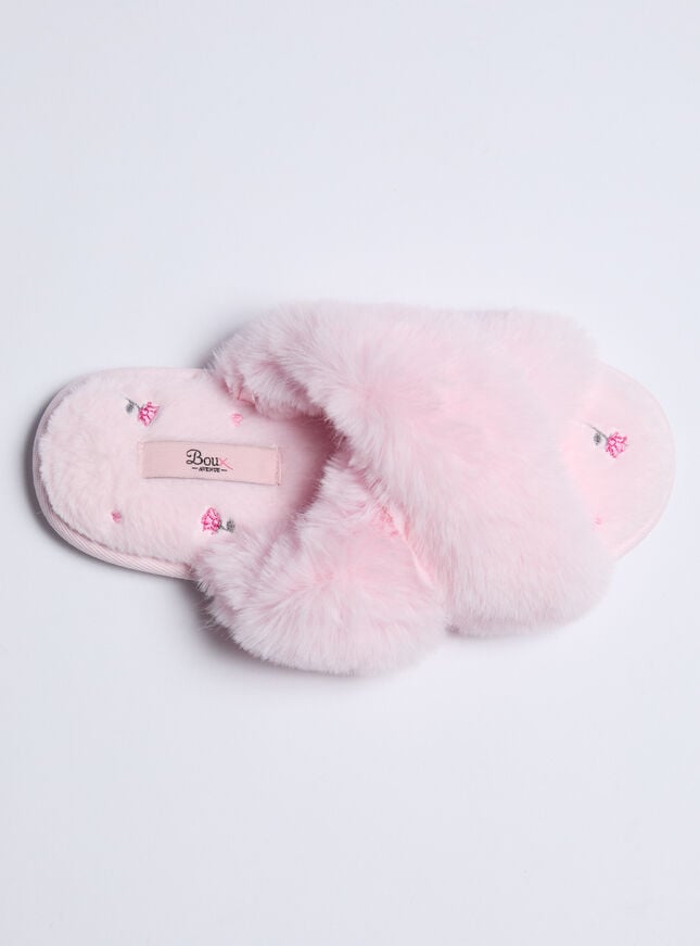 boux avenue Floral embroidered cross band slider slippers - Candy Pink