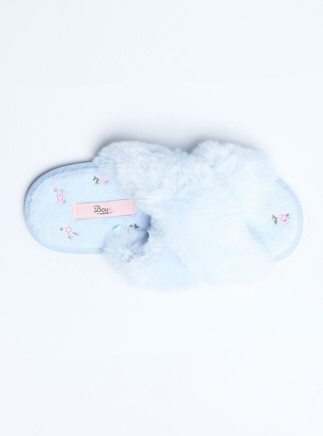 Boux Avenue Floral Embroidered Cross Band Slider Slippers - Powder Blue