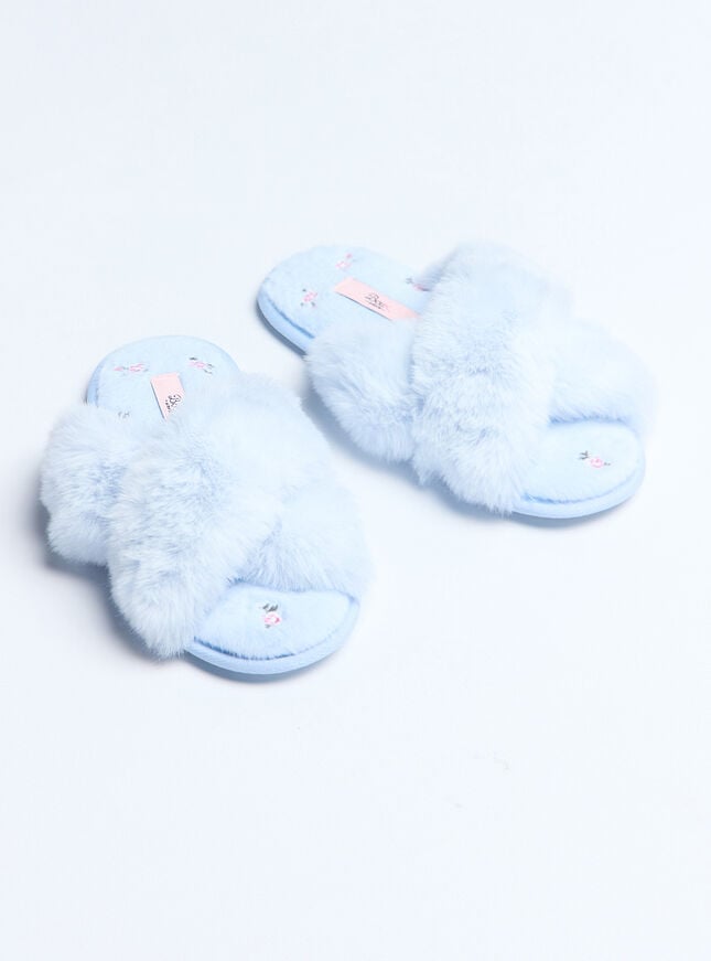 boux avenue Floral embroidered cross band slider slippers - Powder Blue