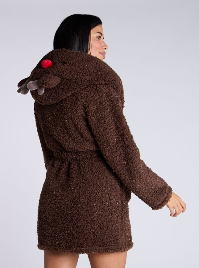 Boux Avenue Fluffy Borg Reindeer Short Dressing Gown - Chocolate